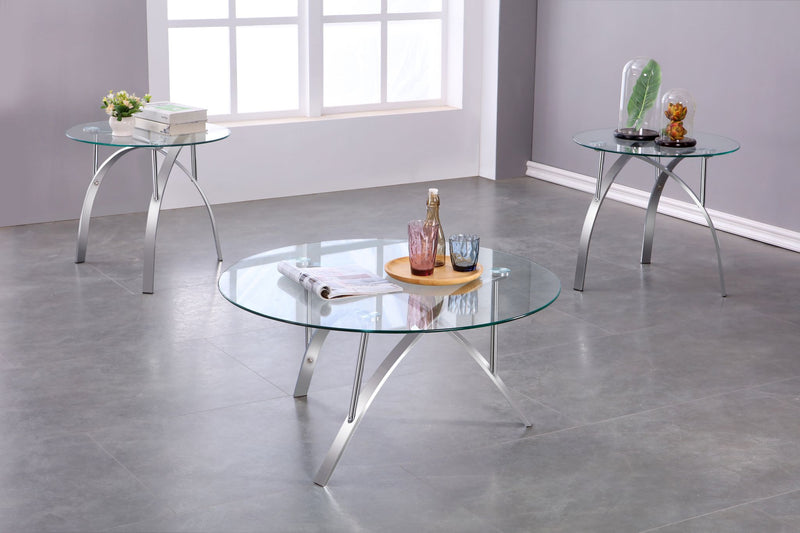 Three Piece Round Glass Coffee Table Set (Silver)