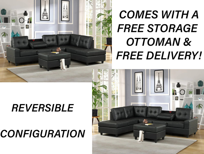 107 Black Reversible Sectional With Free Storage Ottoman