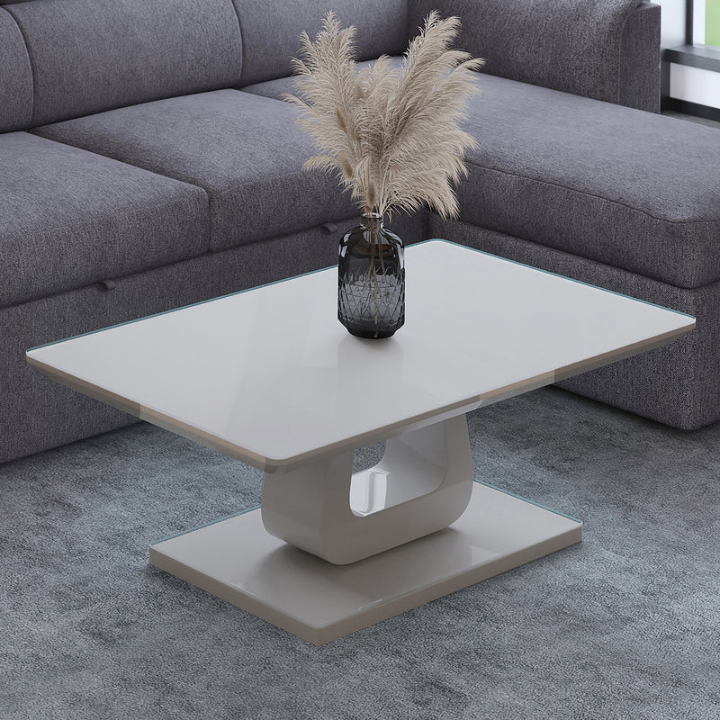 Corvus Rectangular Coffee Table: Warm Grey, Tempered Glass, U-Shaped Pedestal Base