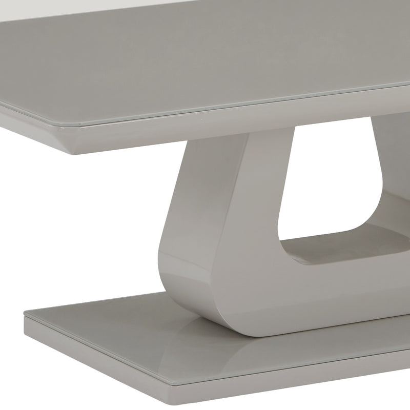Corvus Rectangular Coffee Table: Warm Grey, Tempered Glass, U-Shaped Pedestal Base