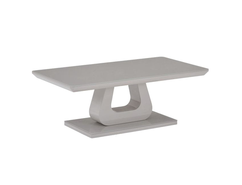 Corvus Rectangular Coffee Table: Warm Grey, Tempered Glass, U-Shaped Pedestal Base