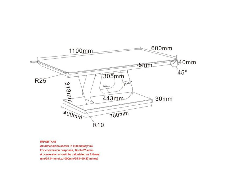 Corvus Rectangular Coffee Table: Warm Grey, Tempered Glass, U-Shaped Pedestal Base