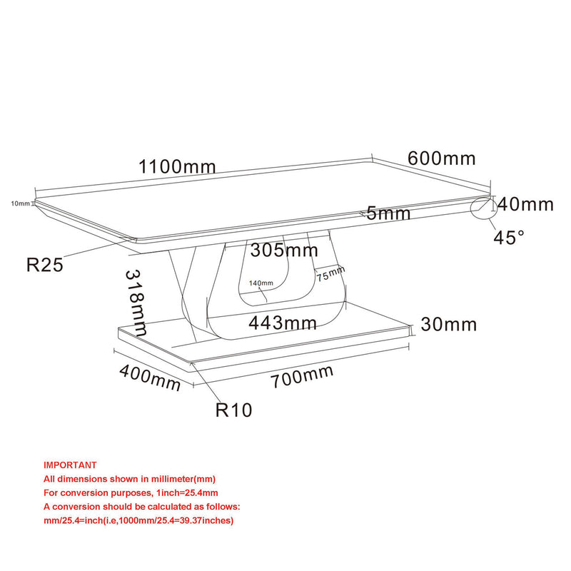Corvus Rectangular Coffee Table: Warm Grey, Tempered Glass, U-Shaped Pedestal Base