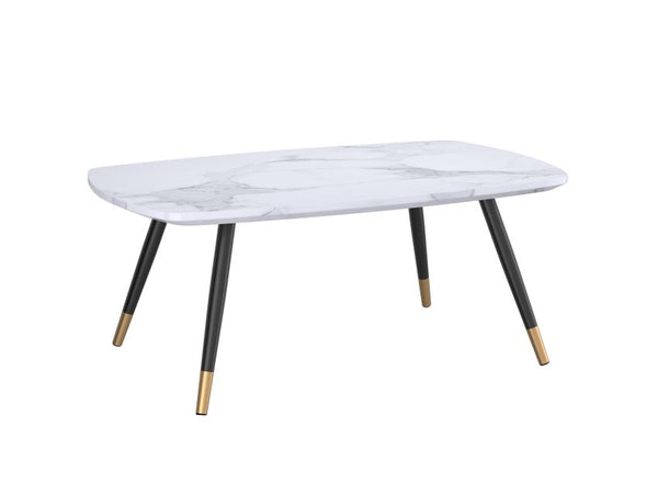 Emery Rectangular Coffee Table: White Faux Marble Top, Black & Gold Metal Legs