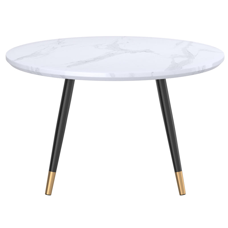 Emery Round White Faux Marble Coffee Table with Black Gold Legs
