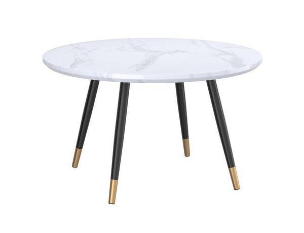 Emery Round White Faux Marble Coffee Table with Black Gold Legs