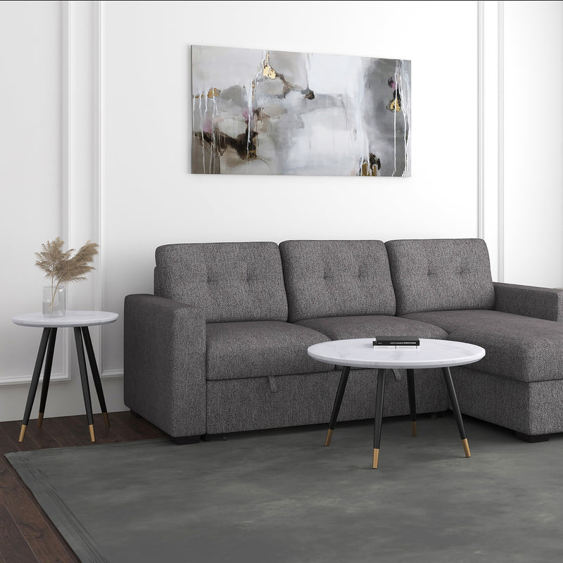Emery Round White Faux Marble Coffee Table with Black Gold Legs