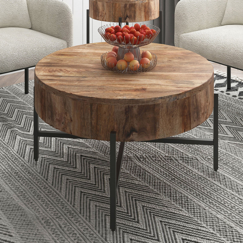 Blox Round Coffee Table: Industrial-Inspired Natural Mango Wood & Black Iron