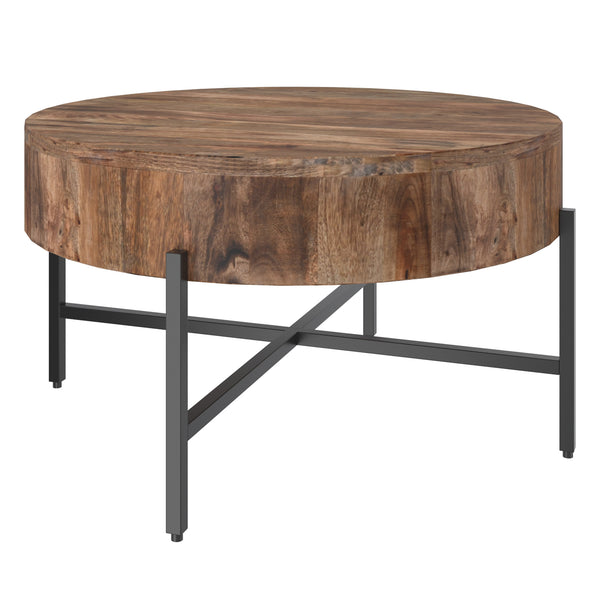 Blox Round Coffee Table: Industrial-Inspired Natural Mango Wood & Black Iron