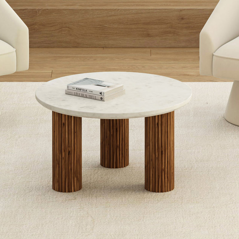 Jilsa Mid-Century Modern Round Coffee Table with Walnut Reeded Base