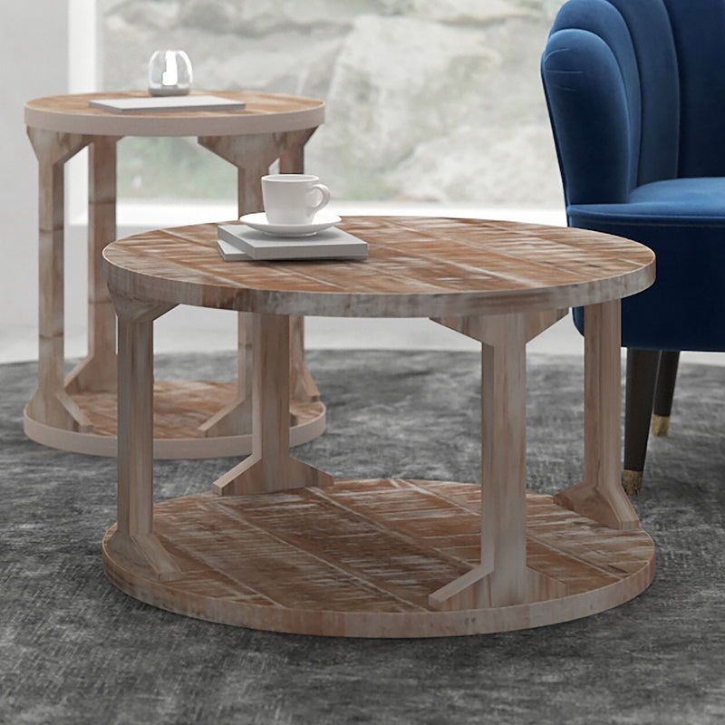 Avni Round Coffee Table: Distressed Natural Solid Mango Wood, Two-Tier Design