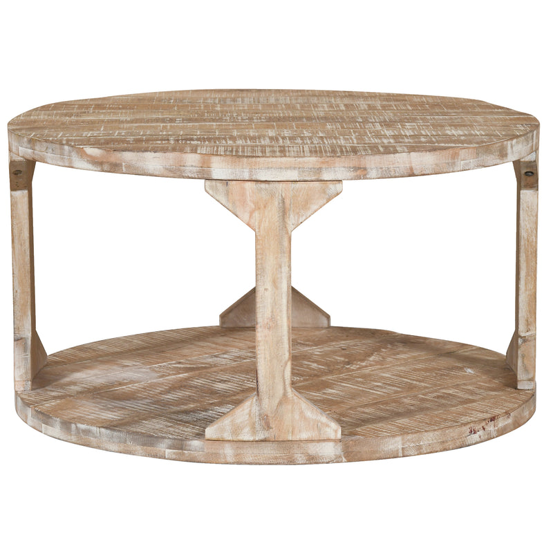 Avni Round Coffee Table: Distressed Natural Solid Mango Wood, Two-Tier Design