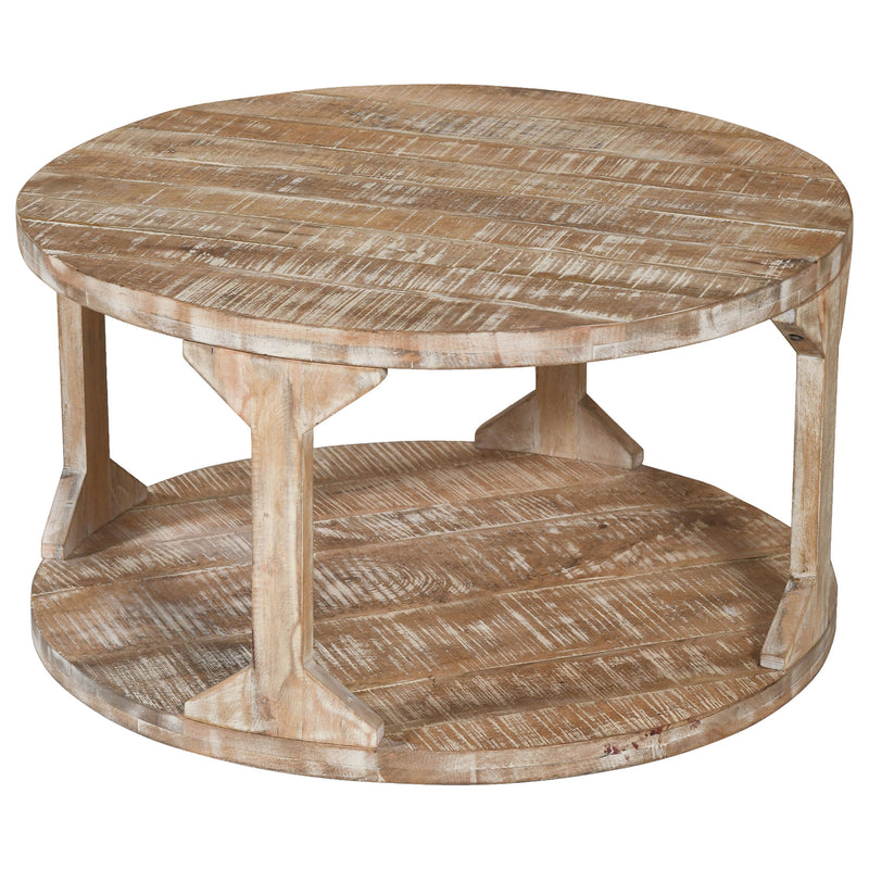 Avni Round Coffee Table: Distressed Natural Solid Mango Wood, Two-Tier Design