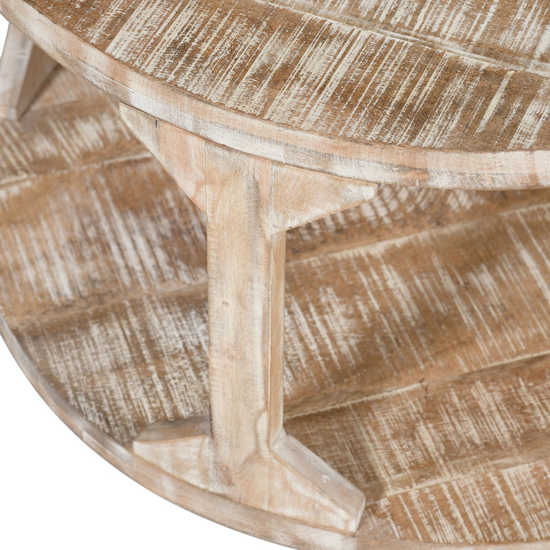Avni Round Coffee Table: Distressed Natural Solid Mango Wood, Two-Tier Design