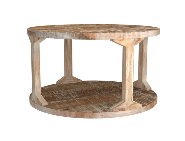 Avni Round Coffee Table: Distressed Natural Solid Mango Wood, Two-Tier Design