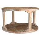 Avni Round Coffee Table: Distressed Natural Solid Mango Wood, Two-Tier Design