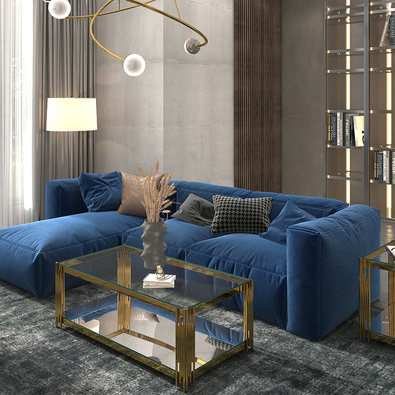 Estrel Rectangular Coffee Table: Contemporary Gold Finish, Two-Tier Glass Design