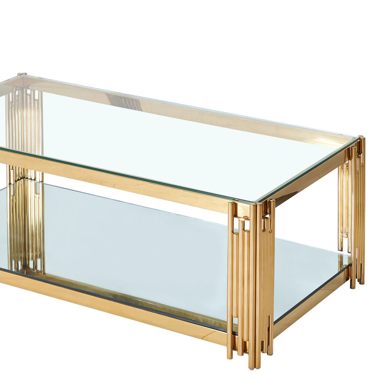 Estrel Rectangular Coffee Table: Contemporary Gold Finish, Two-Tier Glass Design