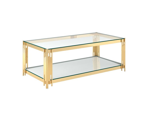 Estrel Rectangular Coffee Table: Contemporary Gold Finish, Two-Tier Glass Design