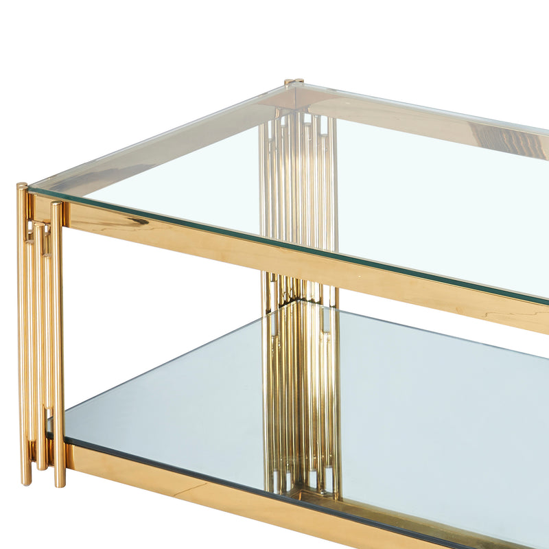 Estrel Rectangular Coffee Table: Contemporary Gold Finish, Two-Tier Glass Design