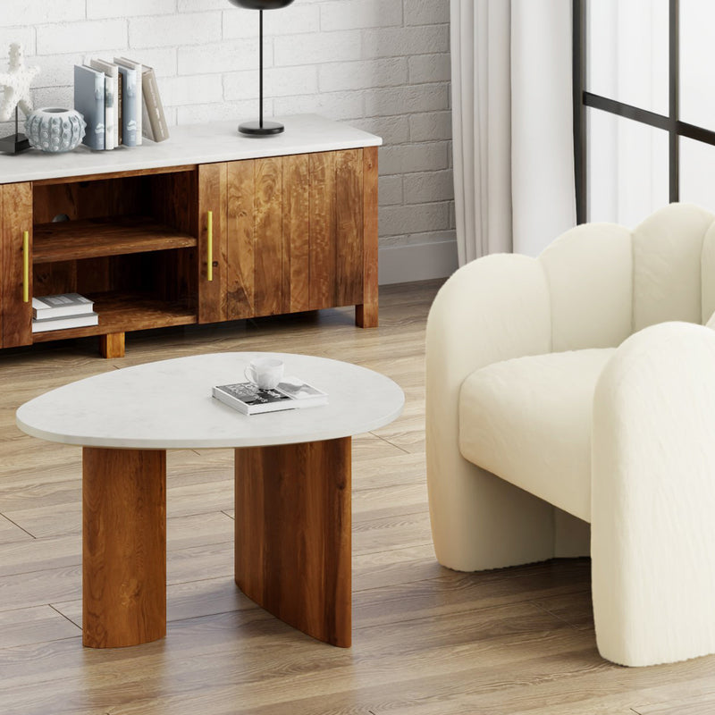 Lyriq Teardrop Mid-Century Modern Coffee Table with Walnut & White Marble Top