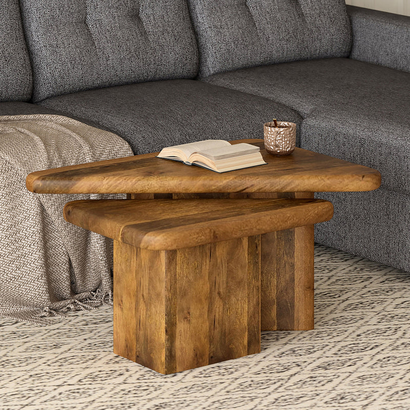 Draco 2-Piece Mid-Century Modern Solid Mango Wood Nesting Coffee Table Set