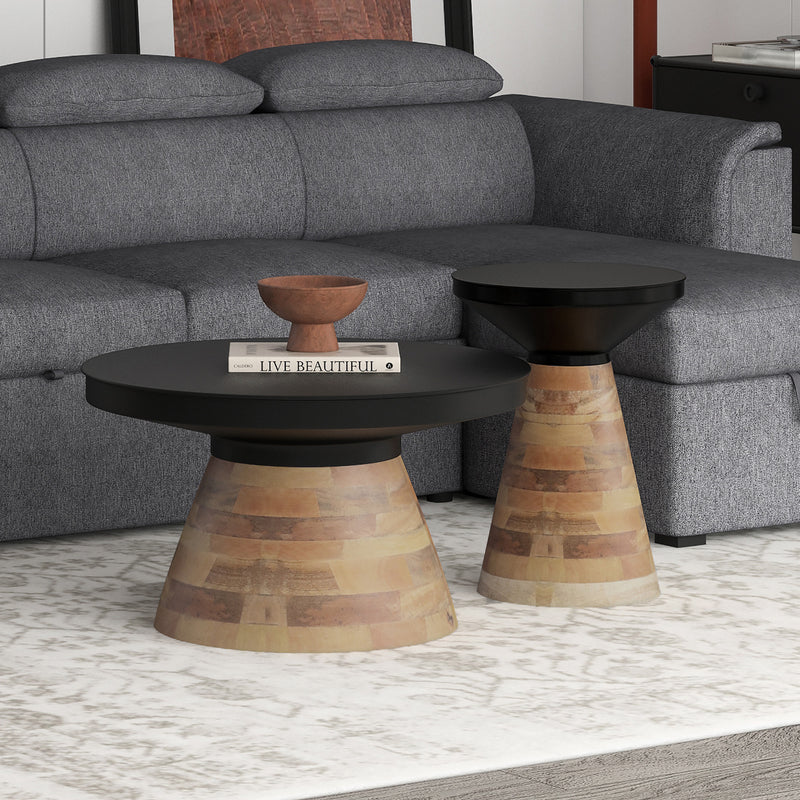 Boden 2pc Coffee Table Set: Modern Black Iron Top with Walnut Wood Base