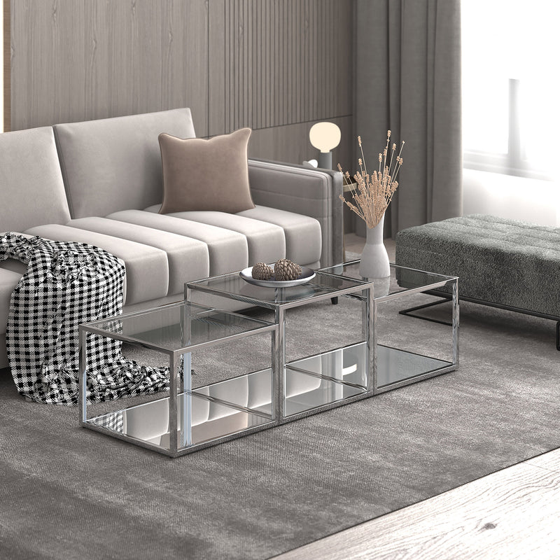 Casini 3-Piece Multi-Tier Coffee Table Set: Silver Finish, Clear Tempered Glass