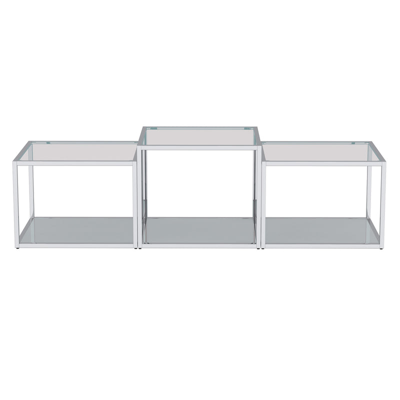 Casini 3-Piece Multi-Tier Coffee Table Set: Silver Finish, Clear Tempered Glass