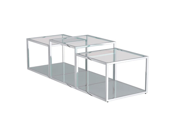 Casini 3-Piece Multi-Tier Coffee Table Set: Silver Finish, Clear Tempered Glass
