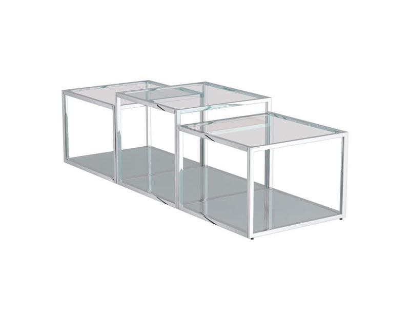 Casini 3-Piece Multi-Tier Coffee Table Set: Silver Finish, Clear Tempered Glass