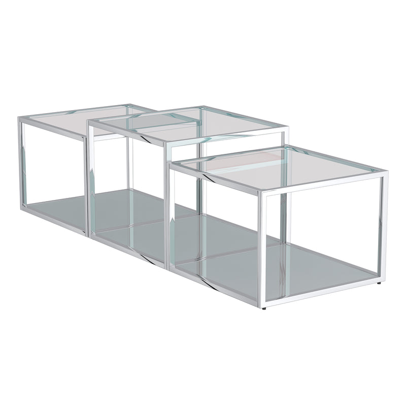 Casini 3-Piece Multi-Tier Coffee Table Set: Silver Finish, Clear Tempered Glass