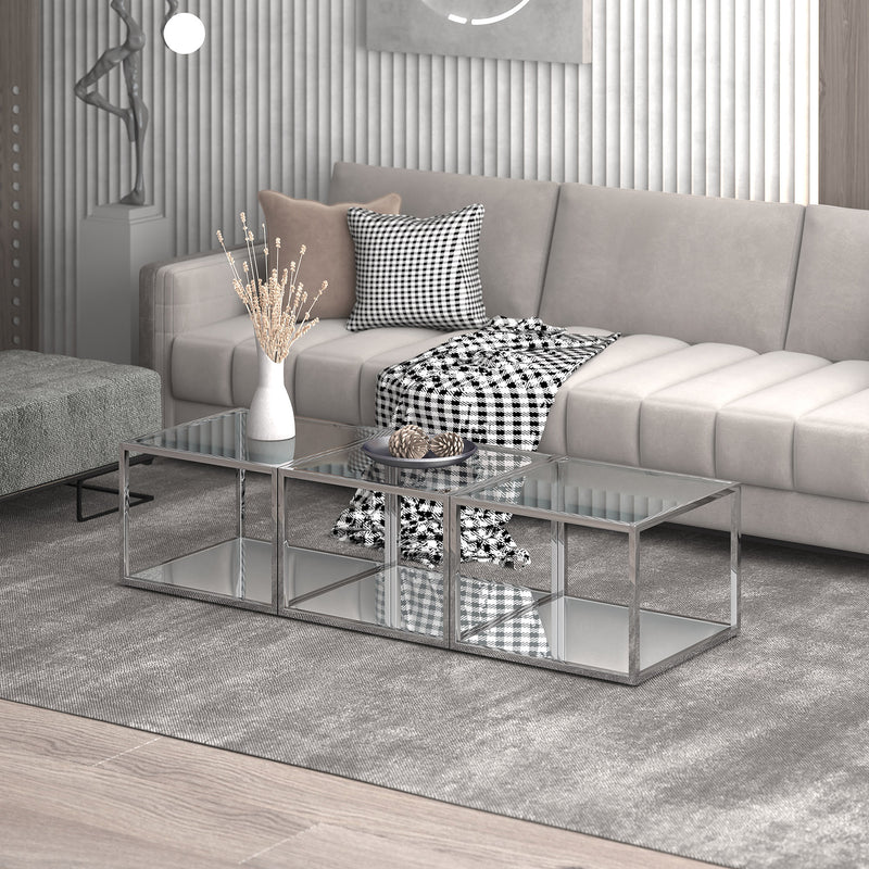 Casini 3-Piece Small Modern Modular Silver Chrome Coffee Table Set