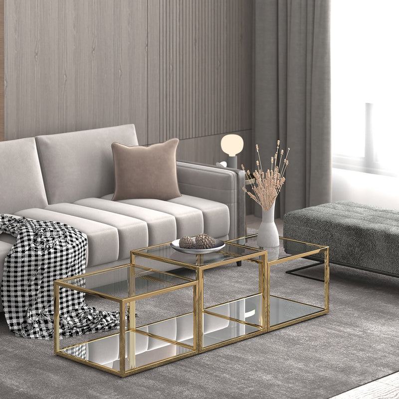 Elegant Casini 3-Piece Multi-Tier Coffee Table Set with Gold Finish and Glass