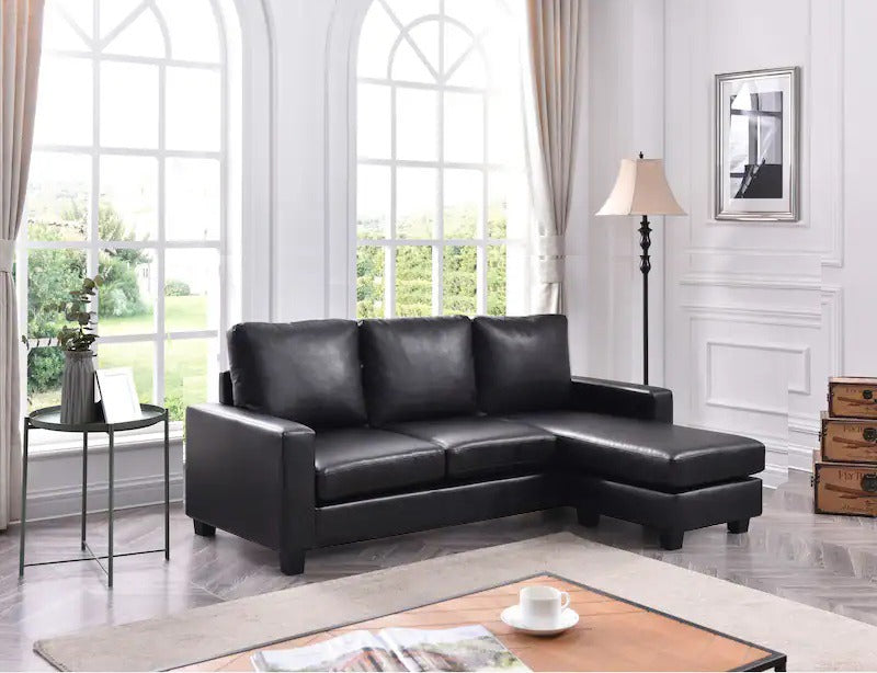 Infinite L Shape Black Faux Leather Sectional Sofa Reversible