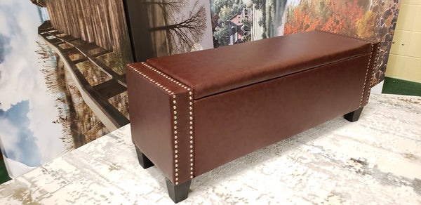 Burgundy Storage Ottoman with nail heads - Furniture Warehouse Brampton