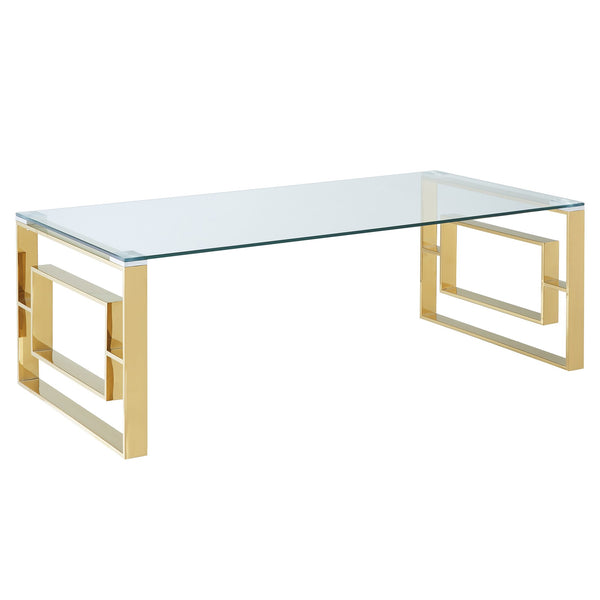 coffee table with gold accent legs and a tempered glass top