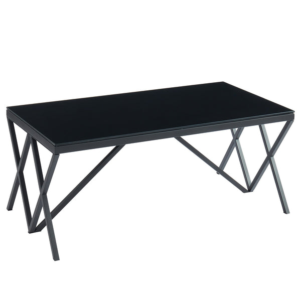 black glass coffee table with geometric legs