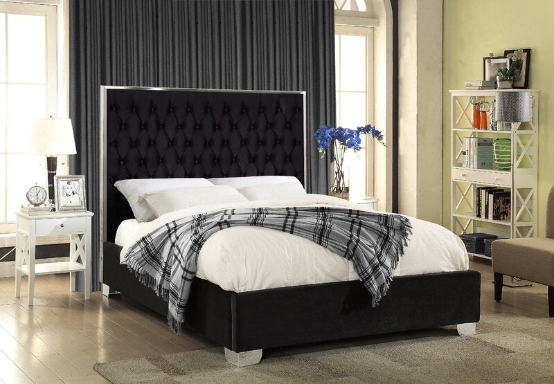 Violet Black Velvet Upholstered Platform Bed